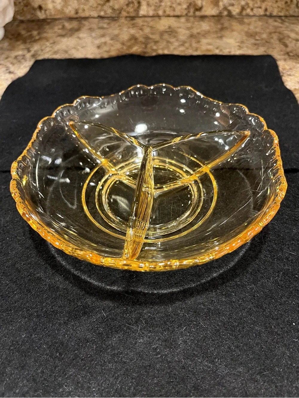 Vintage Indiana Glass Amber Scalloped Rim Divided Glass Relish Serving Dish